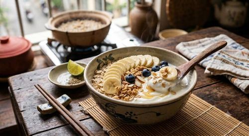 Yến mạch ăn cùng sữa chua và chuối là cách kết hợp chất xơ với lợi khuẩn giúp đường ruột khỏe.