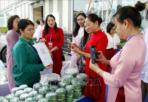 Khách hàng thực hiện quét mã QR thanh toán không dùng tiền mặt khi mua nông sản, góp phần hình thành thói quen tiêu dùng số hiện đại.