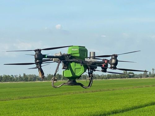 Phú Mỹ ứng dụng drone (thiết bị bay không người lái) trong nông nghiệp giúp giảm chi phí nhân công, rút ngắn thời gian canh tác và nâng cao hiệu quả sử dụng phân bón. Ảnh: A.N/Bnews/vnanet.vn