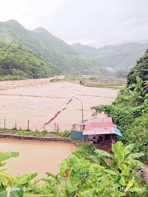 Nước lũ khu vực suối Pia, xã Chiềng Hoa cuốn trôi ruộng lúa người dân. Ảnh: Xã Chiềng Hoa