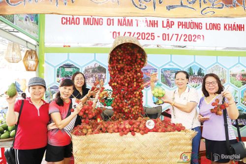 Du khách chụp ảnh với suối chôm chôm tại Lễ hội Trái cây Long Khánh năm 2026.