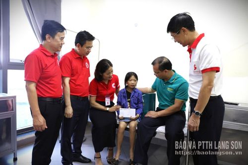 Các đại biểu tặng quà cho các bệnh nhân mắc bệnh tan máu bẩm sinh (Thalassemia) đang điều trị tại Bệnh viện Đa khoa tỉnh