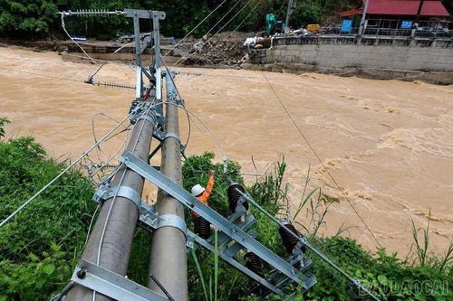 Lực lượng Điện lực Nghĩa Lộ khẩn trương tiếp cận hiện trường, đánh giá mức độ thiệt hại trong điều kiện nước lũ dâng cao và dòng chảy xiết.