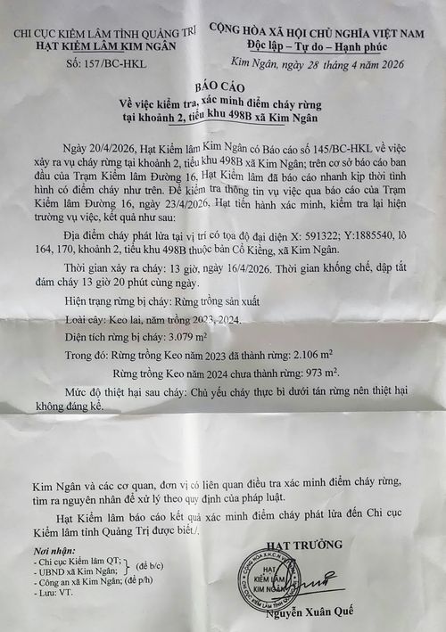 Báo cáo số 157/BC-HKL của Hạt Kiểm lâm Kim Ngân cho rằng các vụ cháy rừng chủ yếu cháy thực bì dưới tán rừng nên thiệt hại không đáng kể- Ảnh: T.L