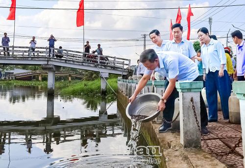 Đồng chí Hồ Trung Việt tham gia thả cá giống tái tạo nguồn lợi thủy sản.
