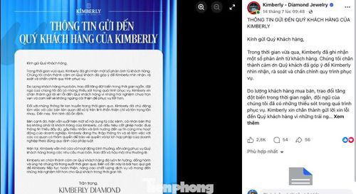 Thông báo đăng ngày 14/7 trên tài khoản Facebook có tích xanh “Kimberly - Diamond Jewelry”.
