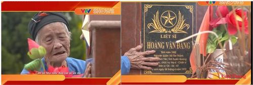 Hình ảnh người mẹ của liệt sĩ Hoàng Văn Đằng ở Tuyên Quang bật khóc khi con trở về, dù chỉ còn là một nấm mộ. (Ảnh chụp từ màn hình chương trình VTV SHOWS)
