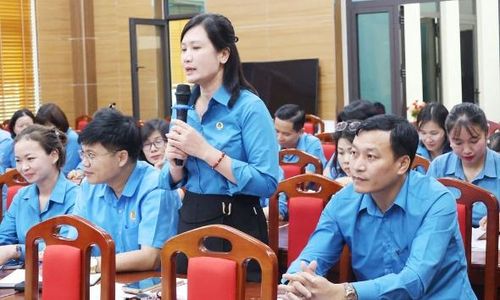 Cán bộ công đoàn cơ sở nêu ý kiến tại hội nghị đối thoại với Liên đoàn Lao động tỉnh.