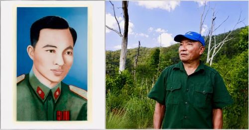 Anh Trần Ngọc Thắng (phải), con trai liệt sĩ Trần Vượng (ảnh bên), tại khu vực đầu nguồn suối Cù Bai, nơi cha anh hy sinh trong kháng chiến.