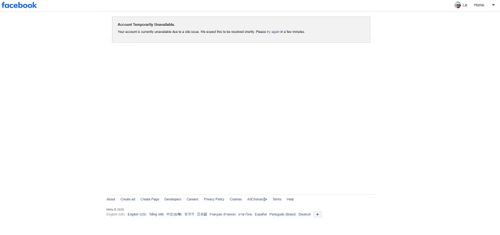 Mạng xã hội Facebook báo lỗi tài khoản không khả dụng chiều 19/7. Ảnh chụp màn hình.