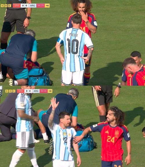 Messi mách trọng tài khi Cucurella che miệng nói chuyện.