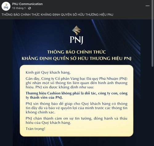  Thông báo hồi tháng 1 của PNJ làm rõ mối quan hệ với Cashion. 