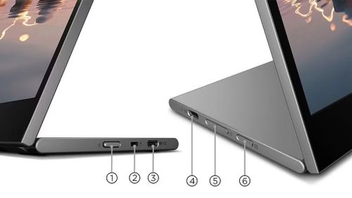 Thiết bị sở hữu 6 cổng kết nối bao gồm cổng nguồn (USB Type-C 65W), Khóa Kensington, 2 cổng USB Type-C. Ngoài ra, còn 3 nút chức năng gồm Menu và điều chỉnh độ sáng +/- đồng thời kiêm chức năng tùy chọn trong menu.