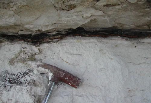 Dấu tích còn sót lại của vụ va chạm kỷ Phấn trắng-Paleogen. Lớp ranh giới KT giàu đất sét sẫm màu ở Stevn's Klint, Đan Mạch được sử dụng trong nghiên cứu. Nguồn ảnh: TS Philippe Claeys.