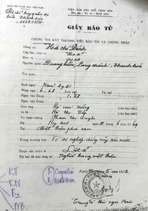 Giấy báo tử của liệt sĩ Hà Chí Đính.