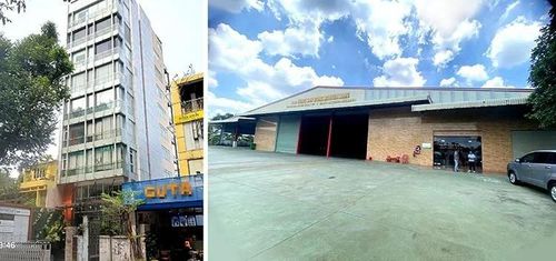 Hai trong số 13 tài sản bảo đảm được SCB mời định giá gồm tòa nhà 212 Pasteur (Quận 3, TPHCM) và nhà kho tại xã Phước Tân Hưng, huyện Châu Thành, địa bàn Long An cũ (nay thuộc tỉnh Tây Ninh). Ảnh: SCB.