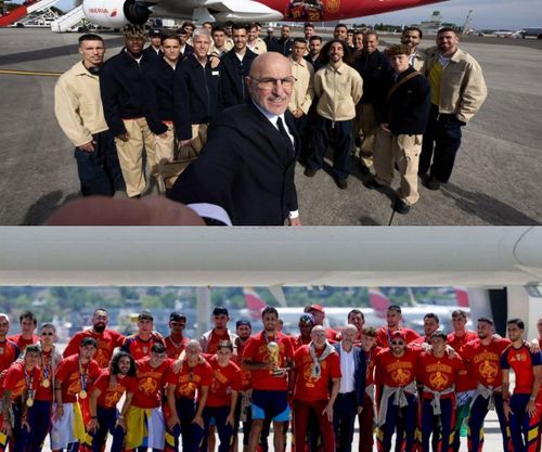 Thầy trò HLV Luis de la Fuente chụp ảnh check-in tại sân bay - Ảnh: SFF