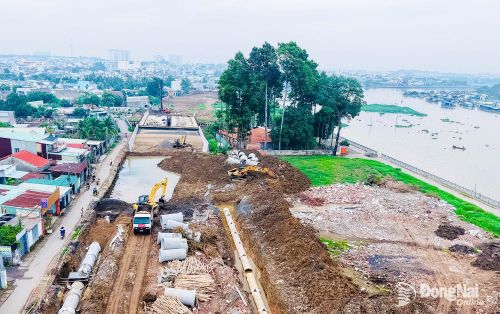 Thi công xây dựng Dự án Đường ven sông Cái, đoạn qua phường Trấn Biên. Ảnh: Công Nghĩa