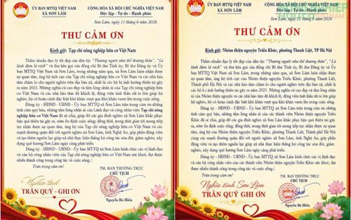 Thư cảm ơn của Chủ tịch Ủy ban MTTQ Việt Nam xã Sơn Lâm Nguyễn Bá Hiếu gửi Tạp chí Hữu cơ Việt Nam và Nhóm thiện nguyện Triều Khúc, TP. Hà Nội.