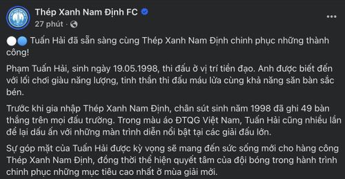 Bài đăng trên trang chủ CLB Nam Định tối 21/7.