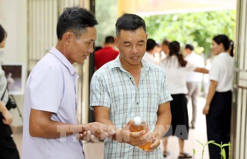 Các đại biểu xem xét mật ong sú vẹt, sản phẩm đã được công nhận đạt chuẩn OCOP 3 sao của tỉnh Ninh Bình. Ảnh: Thái Thuần – TTXVN