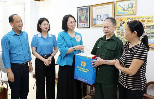 Đại diện lãnh đạo Liên đoàn Lao động tỉnh trao quà cho người có công là thân nhân cán bộ, công chức, viên chức, người lao động đơn vị.