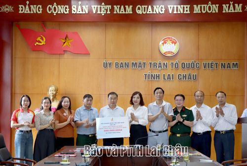 Lãnh đạo Hội Doanh nhân trẻ tỉnh trao số tiền của Hội Doanh nhân Việt Nam ủng hộ nhân dân vùng lũ Mường Than thông qua Ủy ban Mặt trận Tổ quốc tỉnh.