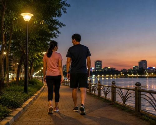 Đi bộ nhẹ sau bữa tối giúp kiểm soát đường huyết buổi sáng.