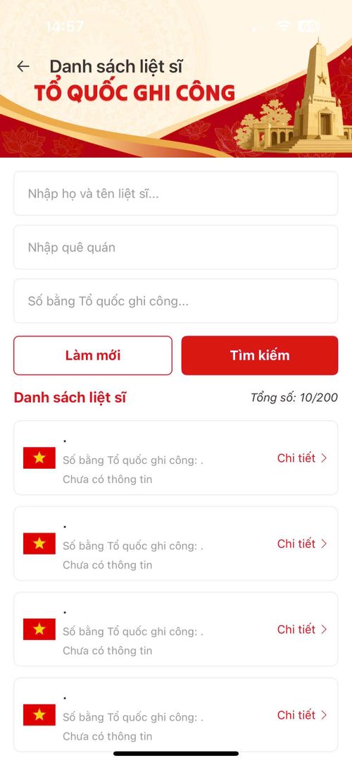 Giao diện tra cứu danh sách liệt sĩ trên ứng dụng VNeID vừa được Bộ Công an bổ sung.