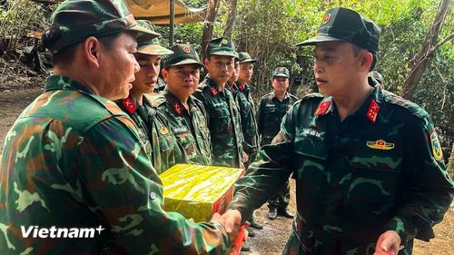 Đại tá Trần Hữu Ích, Chỉ huy Trưởng Bộ Chỉ huy quân sự thành phố Đà Nẵng động viên lực lượng làm nhiệm vụ. (Ảnh: Thanh Phong/Vietnam+) 