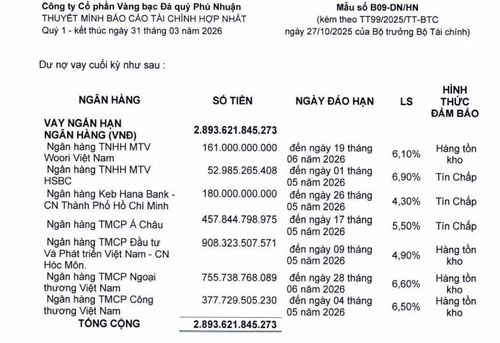 Các khoản vay ngắn hạn của PNJ tính tới quý I/2026. Nguồn: BCTC của PNJ