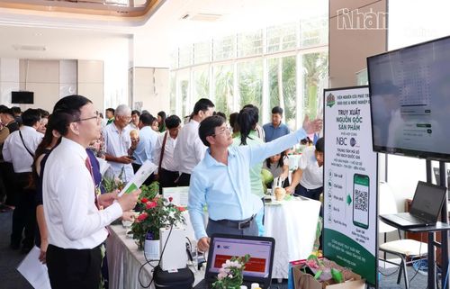 Phó Chủ tịch UBND tỉnh Nguyễn Thanh Hà và các đại biểu tìm hiểu công nghệ truy xuất nguồn gốc sản phẩm tại khu vực trưng bày lễ kỷ niệm Ngày Khoa học, Công nghệ và Đổi mới sáng tạo Việt Nam 18-5-2026.