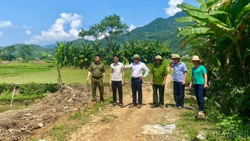 Trưởng thôn Nông Đức Đậm cùng cán bộ, người dân trong thôn kiểm tra tuyến đường chuẩn bị mở rộng, bê tông hóa.