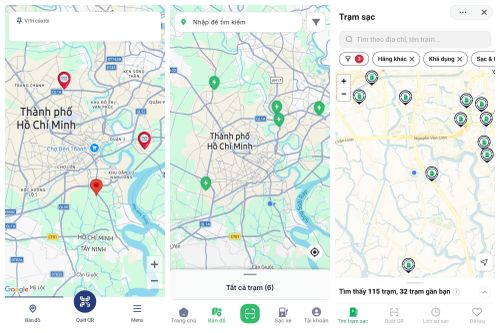Trạm sạc hiển thị trên từng ứng dụng TMT EGreen, Futa EV và VETC Trạm sạc có sự khác biệt về số lượng.