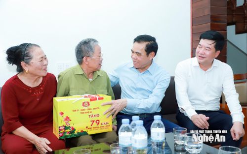 Chủ tịch UBND tỉnh Võ Trọng Hải tặng quà đến gia đình ông Nguyễn Văn Cơ (thương binh 61%), thôn Phúc Sơn 1, xã Anh Sơn. Ảnh: Thành Duy