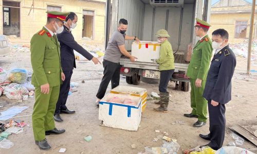 Lực lượng chức năng kiểm tra phương tiện chở hàng hóa vi phạm tại tổ dân phố Thiết Sơn, phường Việt Yên.