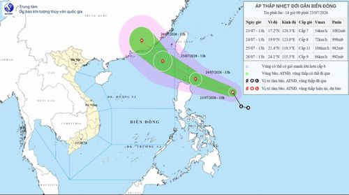 Hướng di chuyển của áp thấp nhiệt đới lúc 14h ngày 23-7. Ảnh: Nchmf