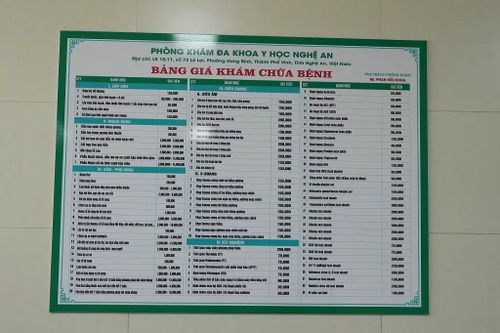 Bảng giá khám chữa bệnh tại phòng khám.