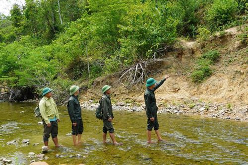 Một buổi tuần tra rừng của các nhân viên thuộc hộ gia đình nhận khoán bảo vệ rừng cùng lực lượng của BQLRPH Quảng Ninh. Ảnh: X. V