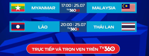 Lịch thi đấu hôm nay (25-7) diễn ra giữa Myanmar và Malaysia; Lào và Thái Lan. Nguồn TV360