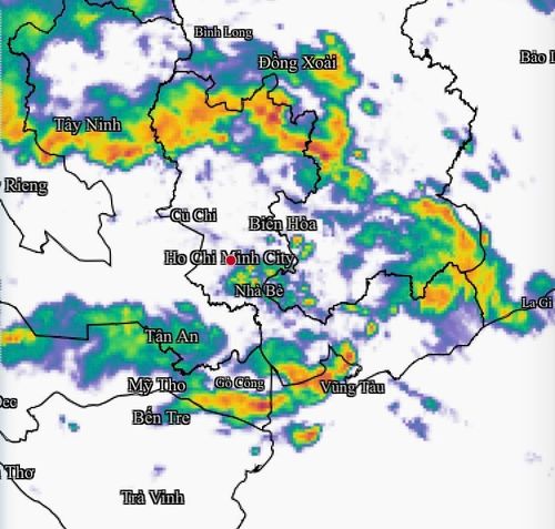  Ảnh radar thời tiết khu vực Nam bộ lúc 14 giờ ngày 25-7 cho thấy nhiều nơi đã có mưa dông. Ảnh chụp màn hình 