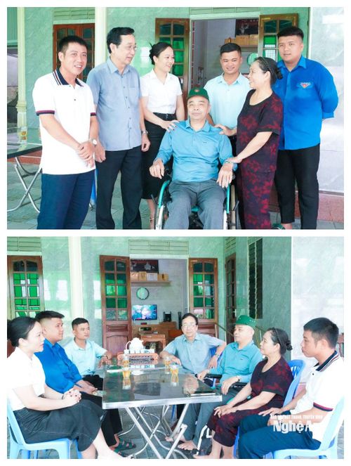 Cán bộ xã Hưng Nguyên Nam và xóm Hưng Tân thăm hỏi, động viên thương binh Nguyễn Văn Châu nhân kỷ niệm 79 năm Ngày Thương binh - Liệt sĩ 27/7. Ảnh: Mai Hoa