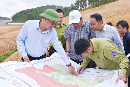 Phó Chủ tịch Thường trực UBND tỉnh Lâm Đồng Lê Trọng Yên trực tiếp đi kiểm tra thực địa các điểm lấn chiếm đất lâm nghiệp ở Lạc Dương. (Ảnh Kim Hiền)