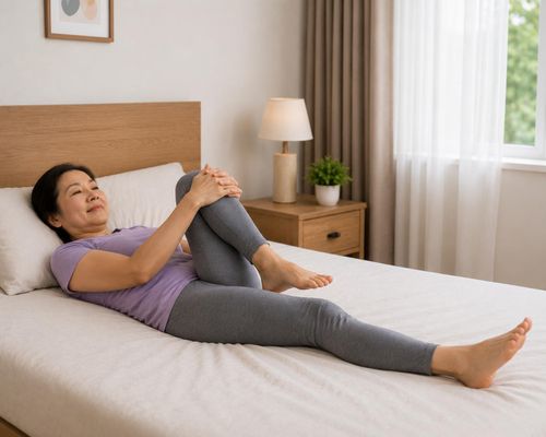 Bài tập kéo gối về ngực giúp thư giãn cơ mông, giảm căng cơ lưng dưới và tăng độ linh hoạt của khớp háng. Ảnh AI. 
