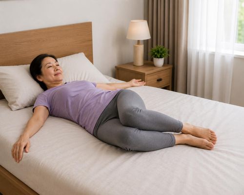 Xoay đầu gối sang hai bên giúp tăng khả năng vận động của cột sống thắt lưng và khớp háng, giảm cảm giác cứng vùng hông sau khi ngủ. Ảnh AI.