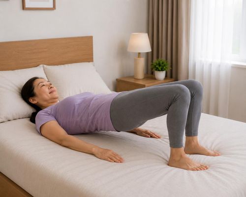 Bài tập cầu mông hỗ trợ kích hoạt cơ mông, cơ đùi sau và cơ trung tâm, giúp cơ thể sẵn sàng cho việc đứng dậy và đi lại. Ảnh AI.