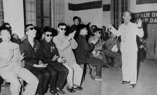  Tại buổi đến thăm, nói chuyện thân mật với các thương binh tại trường thương binh hỏng mắt ở Hà Nội, ngày 11/2/1956, Chủ tịch Hồ Chí Minh nói: “Thương binh tàn, nhưng không phế”. Ảnh: Tư liệu TTXVN 