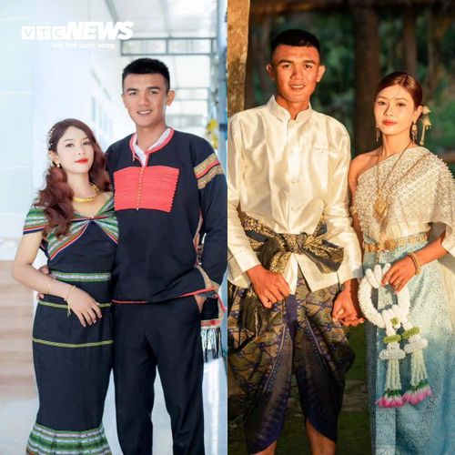 Ảnh cưới của con trai bà H’Tum Niê theo trang phục Ê đê (bên trái) và trang phục Thái - Lào.