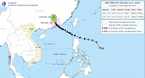 Hướng di chuyển của bão số 2 lúc 14h ngày 26-7. Nguồn: Nchmf
