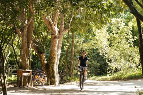 Du khách đạp xe bên trong khu nghỉ dưỡng ở tỉnh Khánh Hòa. Ảnh: Tường Vi.